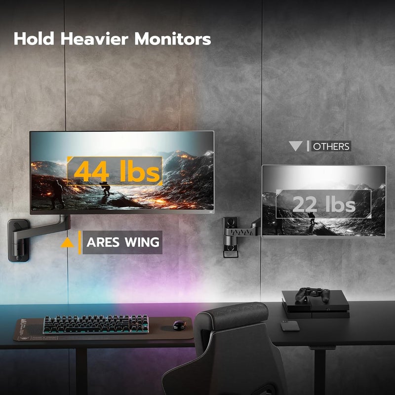 ARES WING ذراع تثبيت الشاشة على الحائط لشاشات عريضة 17-49 بوصة، حامل شاشة فردي قوي يتحمل 44 رطل، حامل حائط قابل للتعديل بالكامل بنابض غازي، تركيب VESA 75x75/100x100، أسود - Image 2